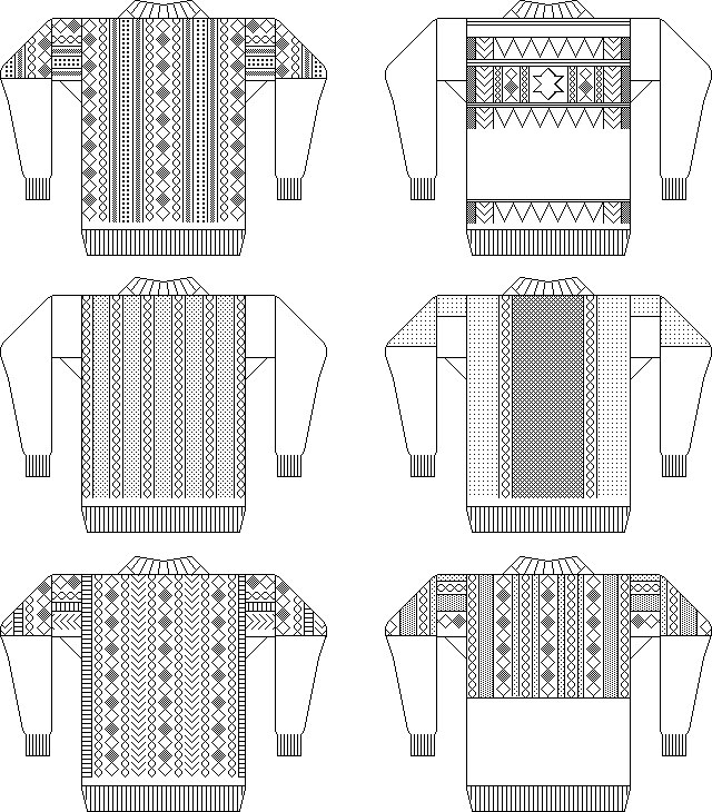 Gansey patterns: Flamborough, Humber Keel, Robin Hood's Bay, Seahouses, Filey, and Whitby